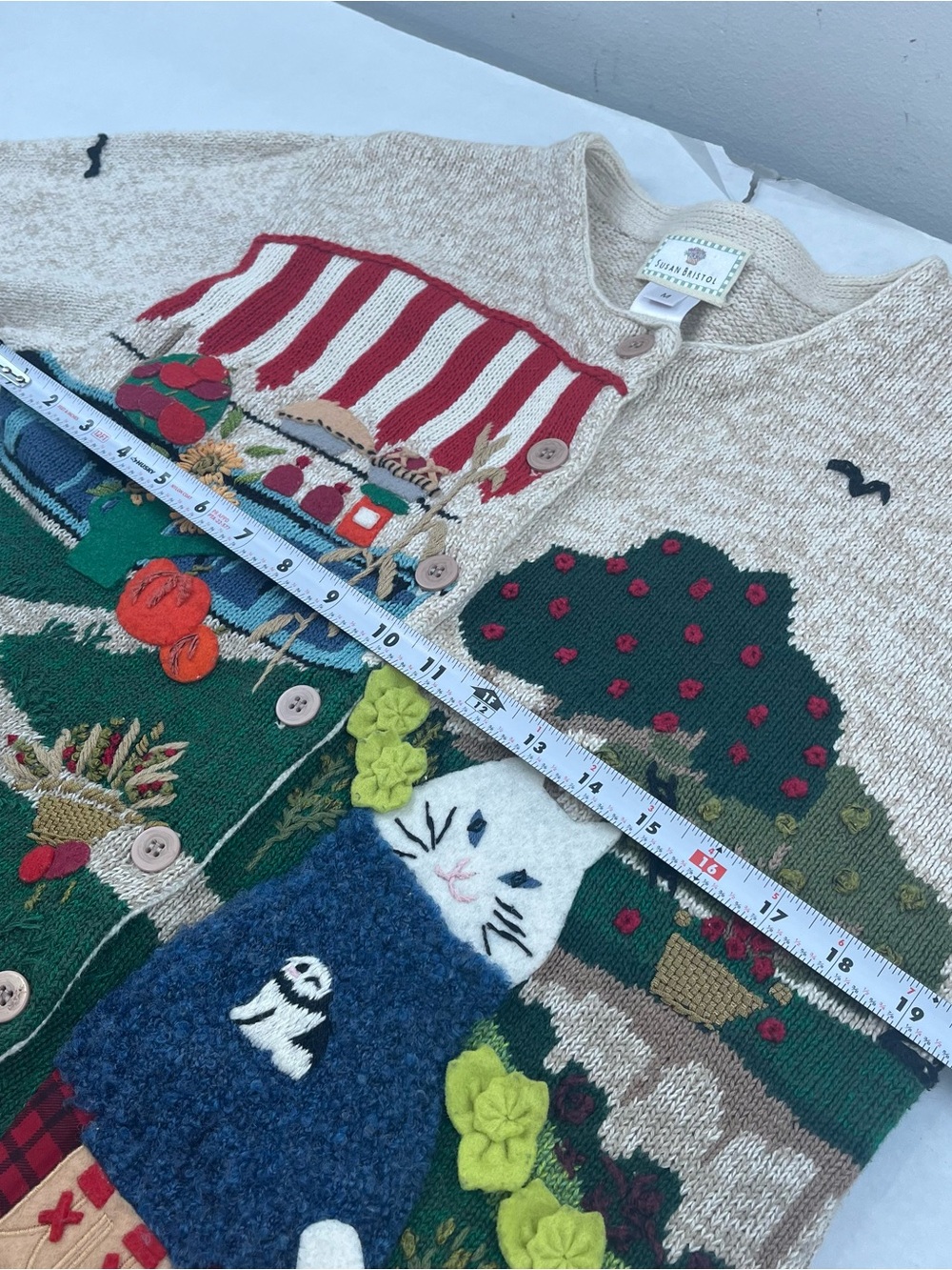 Vintage 1999 Susan Bristol Farm Garden 3D Embroidered Cardigan Sweater M - Picture 7 of 8